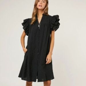 DAVI & DANI Black Midi Dress with Pockets and Ruffle Sleeves Size Large